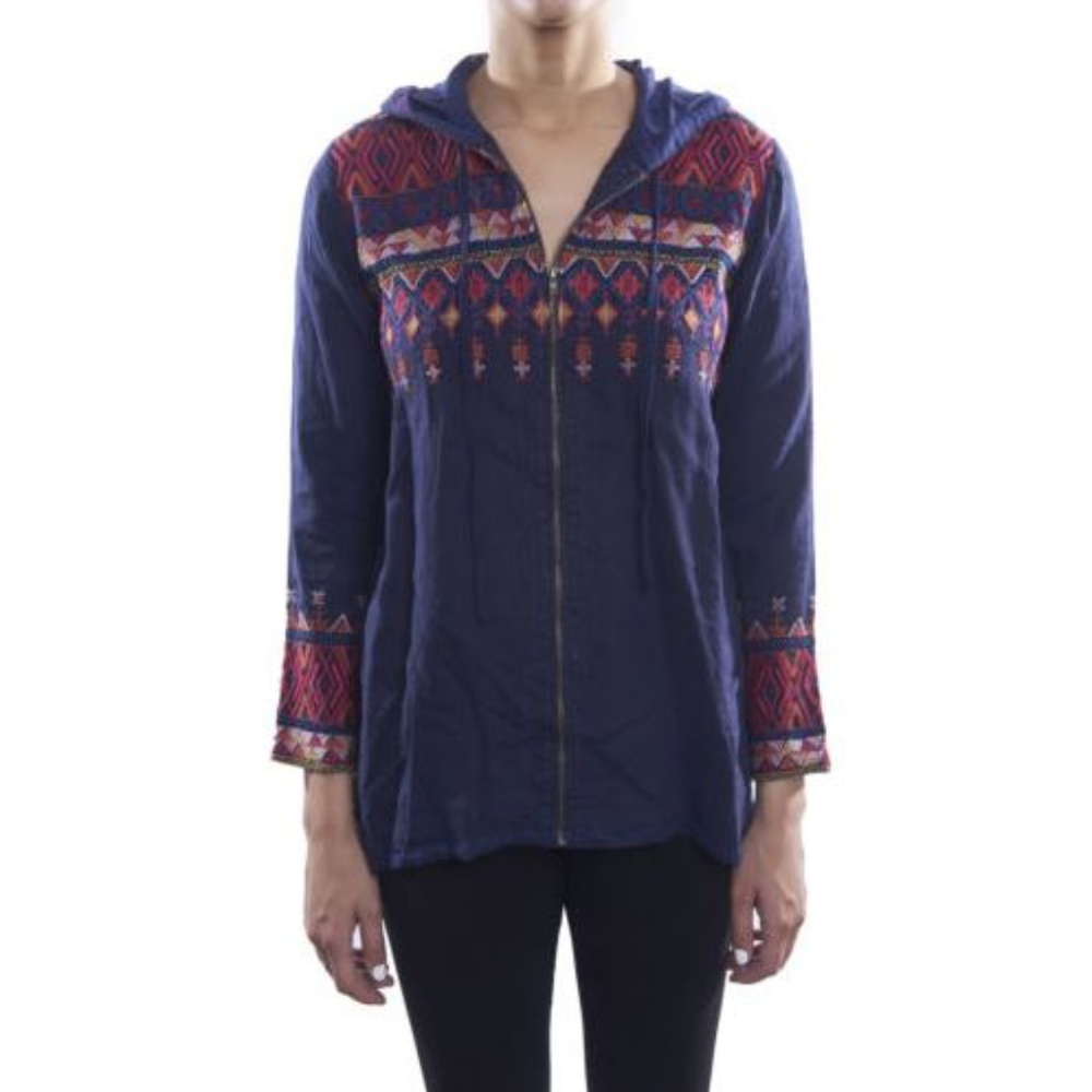 Johnny Was Embroidered Navy Reid Zip Up Hoodie NEW